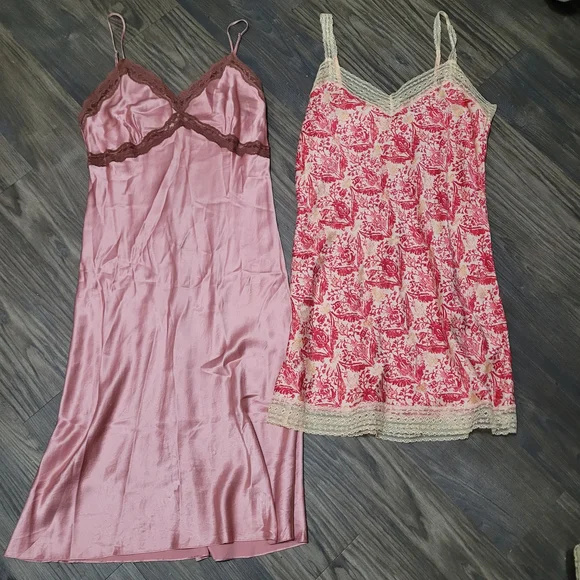 Red Envelope & Gap 100% Silk Pink Red Patterned Chemise Dress Set M Lingerie - Picture 1 of 4